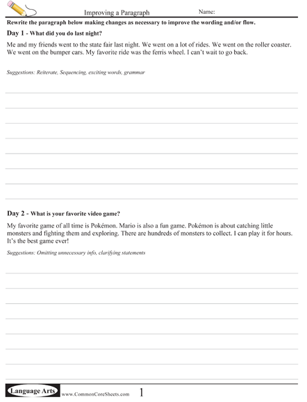 Writing Worksheets - Improving a Paragraph worksheet